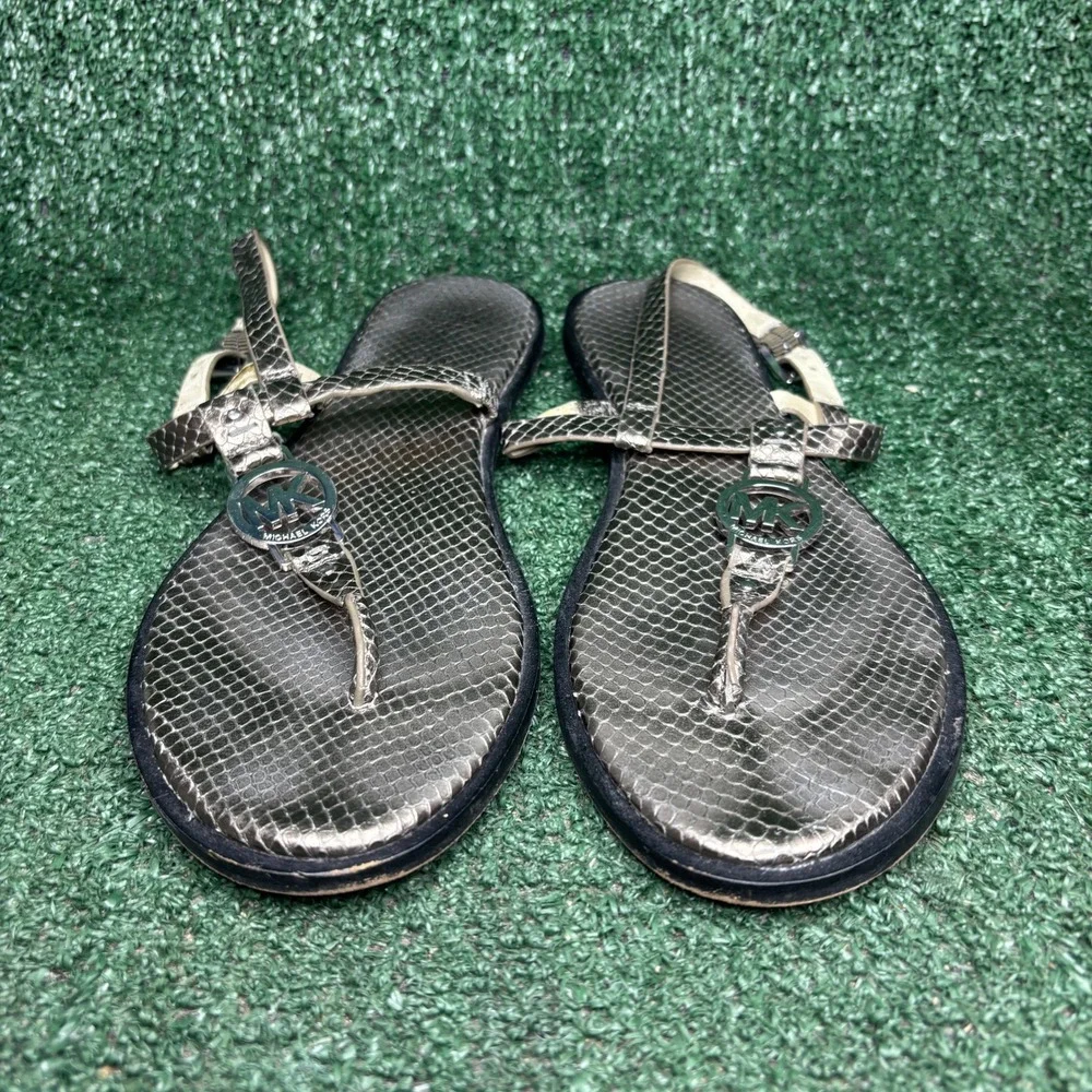 Michael Kors Plate Flat Snakeskin Embossed Leather Thong Sandals Pewter Women 10